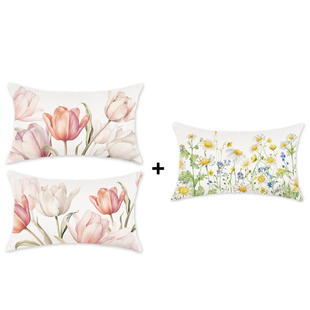 9682 Spring Pillow Covers 12x20 Inch Set of 3 Tulip Daisy Flower Decorative